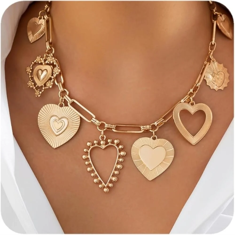 Chunky Gold Necklace With Heart Charms